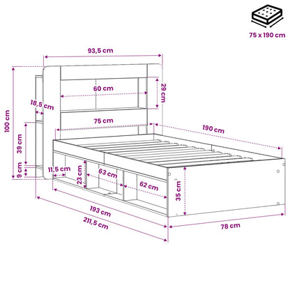 vidaXL Bed Frame with Storage Black 75 x 190 cm Engineered Wood