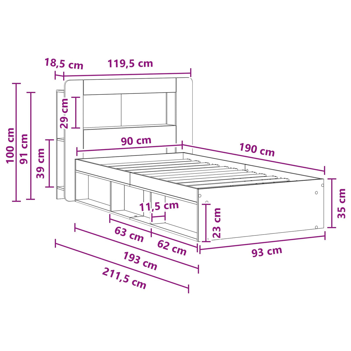 vidaXL Bed Frame with Storage Black 90 x 190 cm Engineered Wood