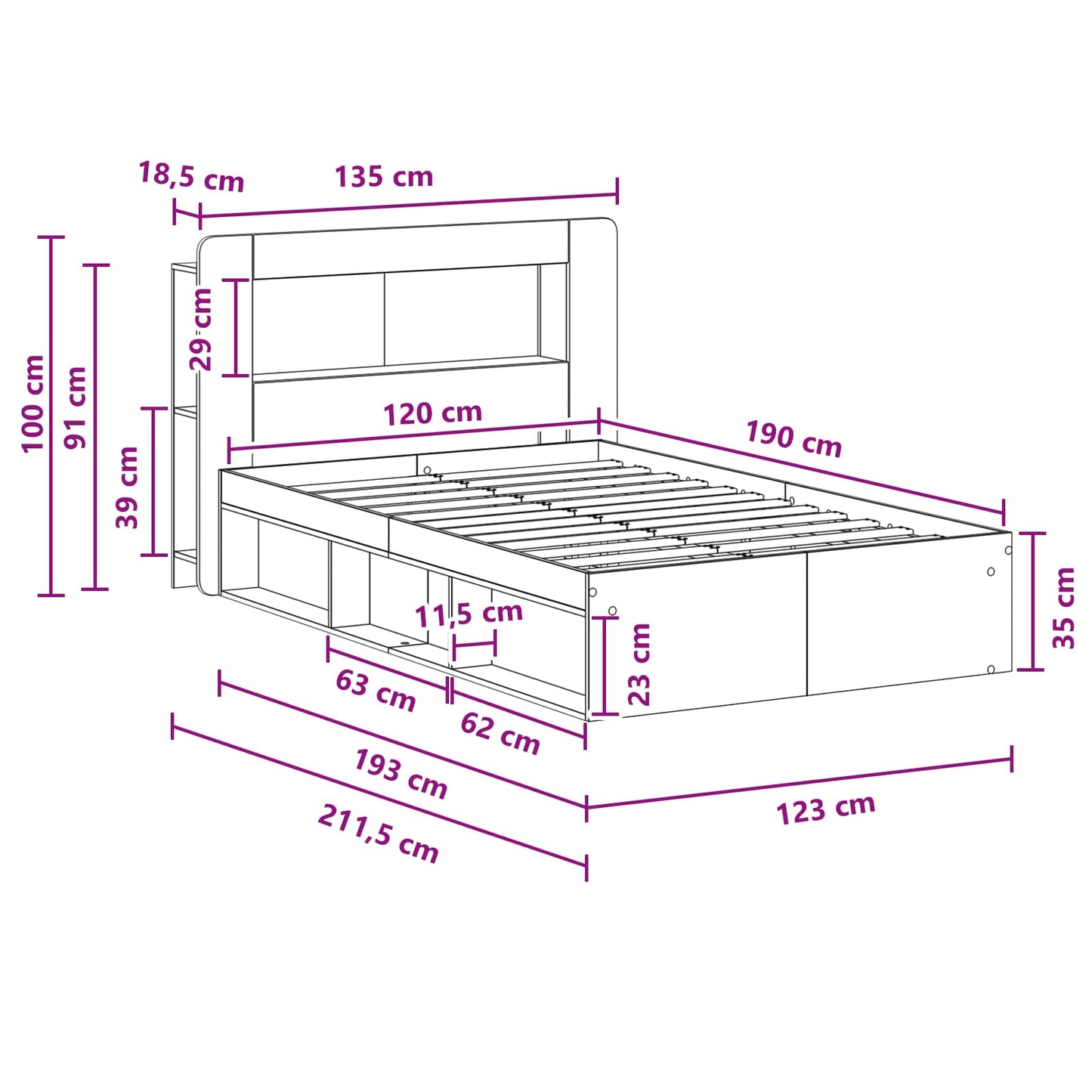 vidaXL Bed Frame with Storage Artisan Oak 120 x 190 cm Engineered Wood