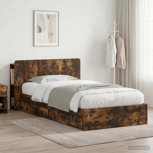 vidaXL Bed Frame with Storage Smoked Oak 90 x 190 cm Engineered Wood