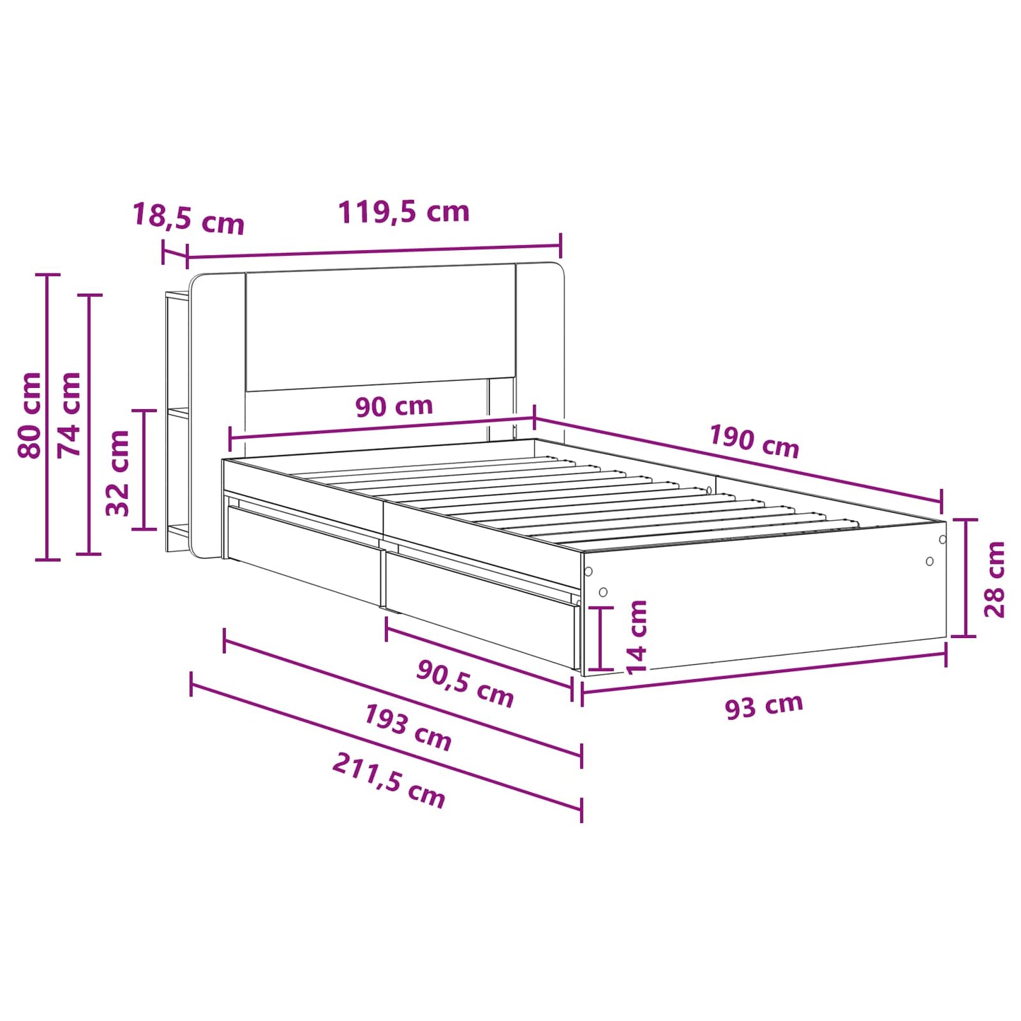 vidaXL Bed Frame with Storage Sonoma Oak 90 x 190 cm Engineered Wood