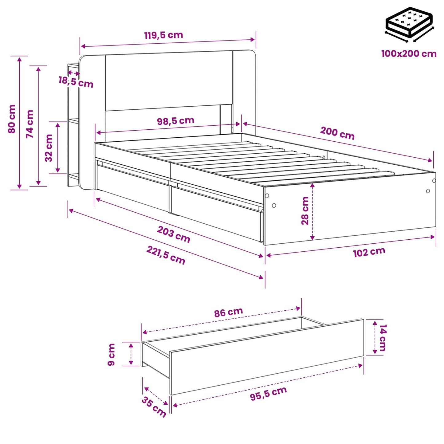 vidaXL Bed Frame with Storage Grey Sonoma 100 x 200 cm Engineered Wood