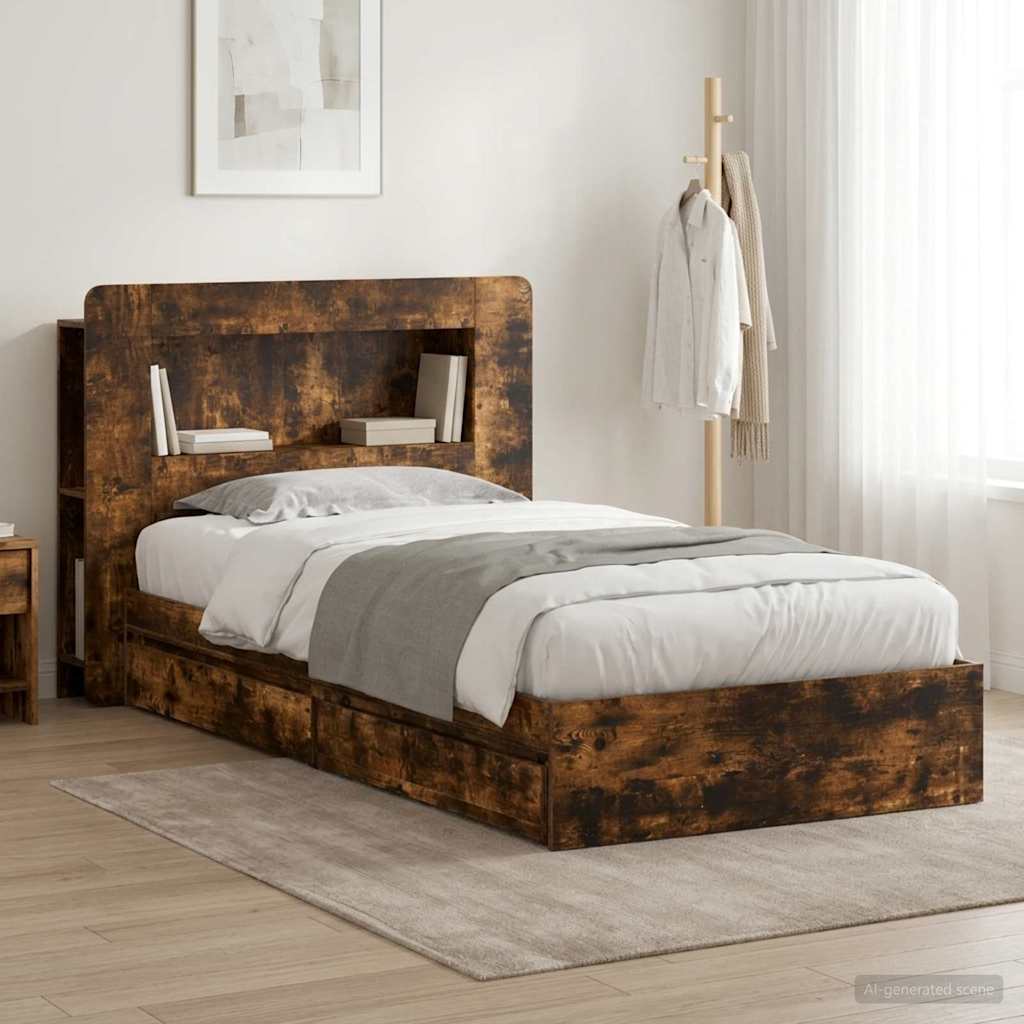 vidaXL Bed Frame with Storage Smoked Oak 75 x 190 cm Engineered Wood