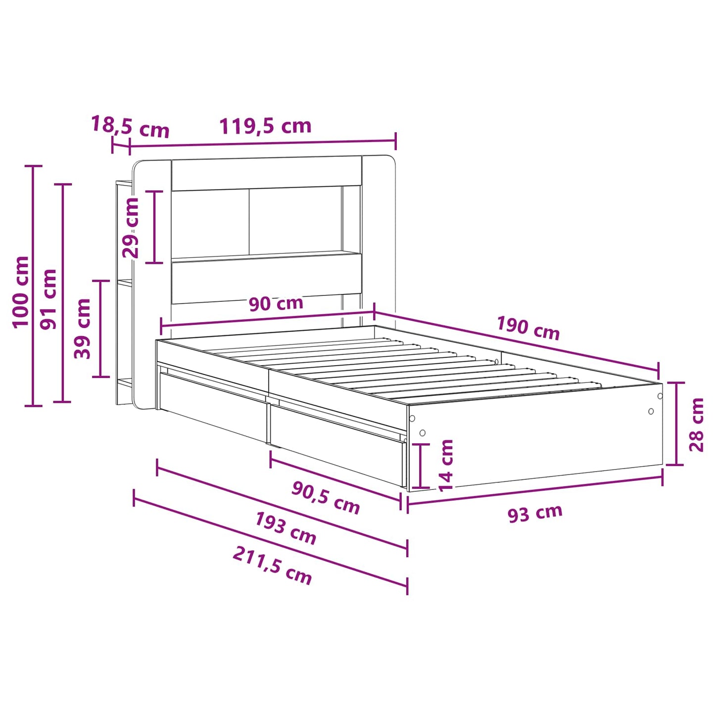 vidaXL Bed Frame with Storage Sonoma Oak 90 x 190 cm Engineered Wood