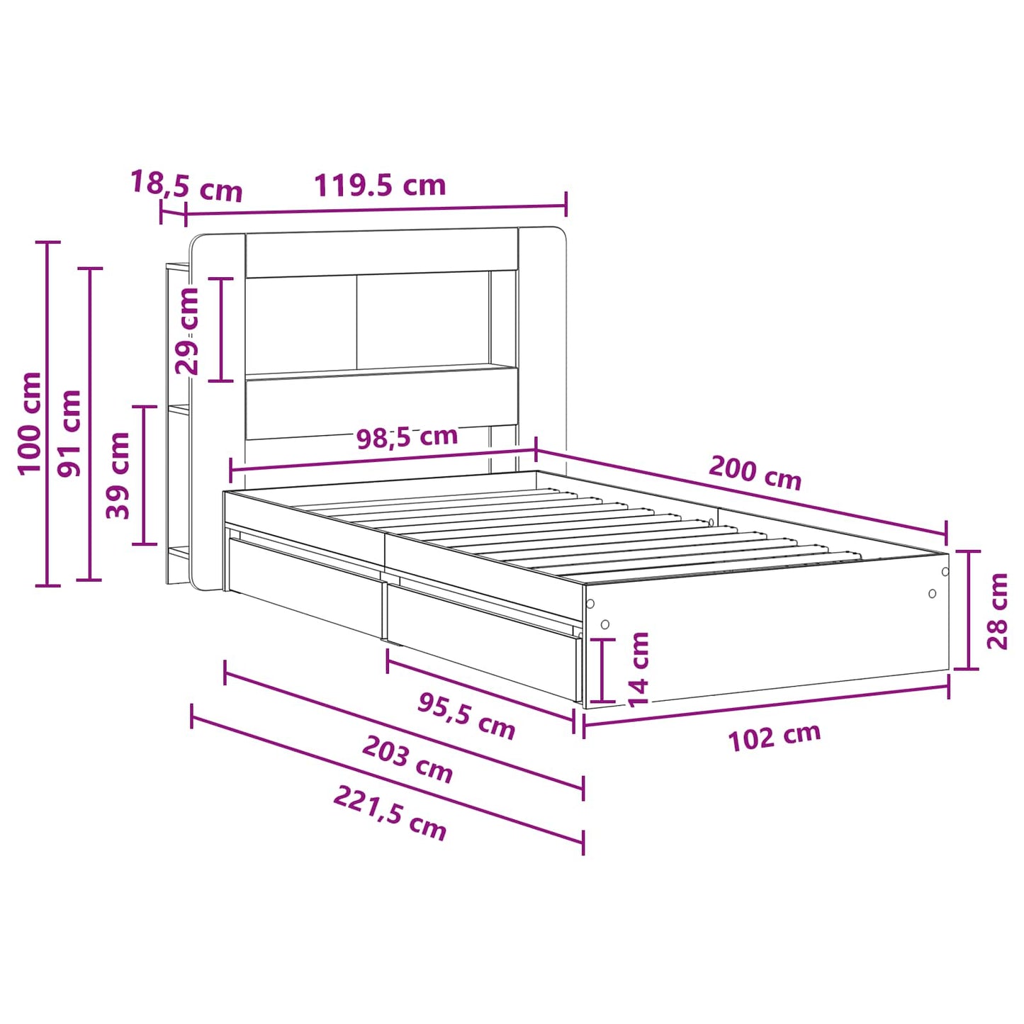 vidaXL Bed Frame with Storage Sonoma Oak 100 x 200 cm Engineered Wood
