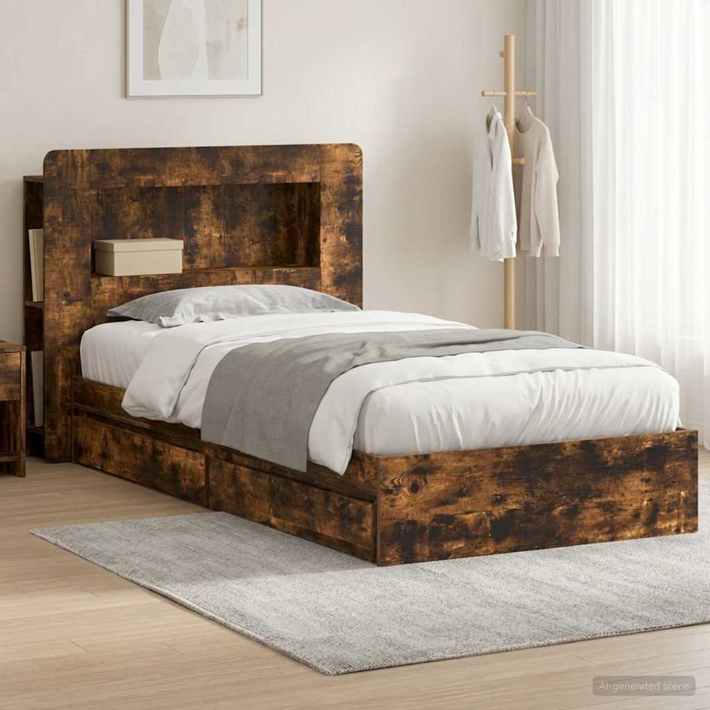 vidaXL Bed Frame with Storage Smoked Oak 90 x 200 cm Engineered Wood