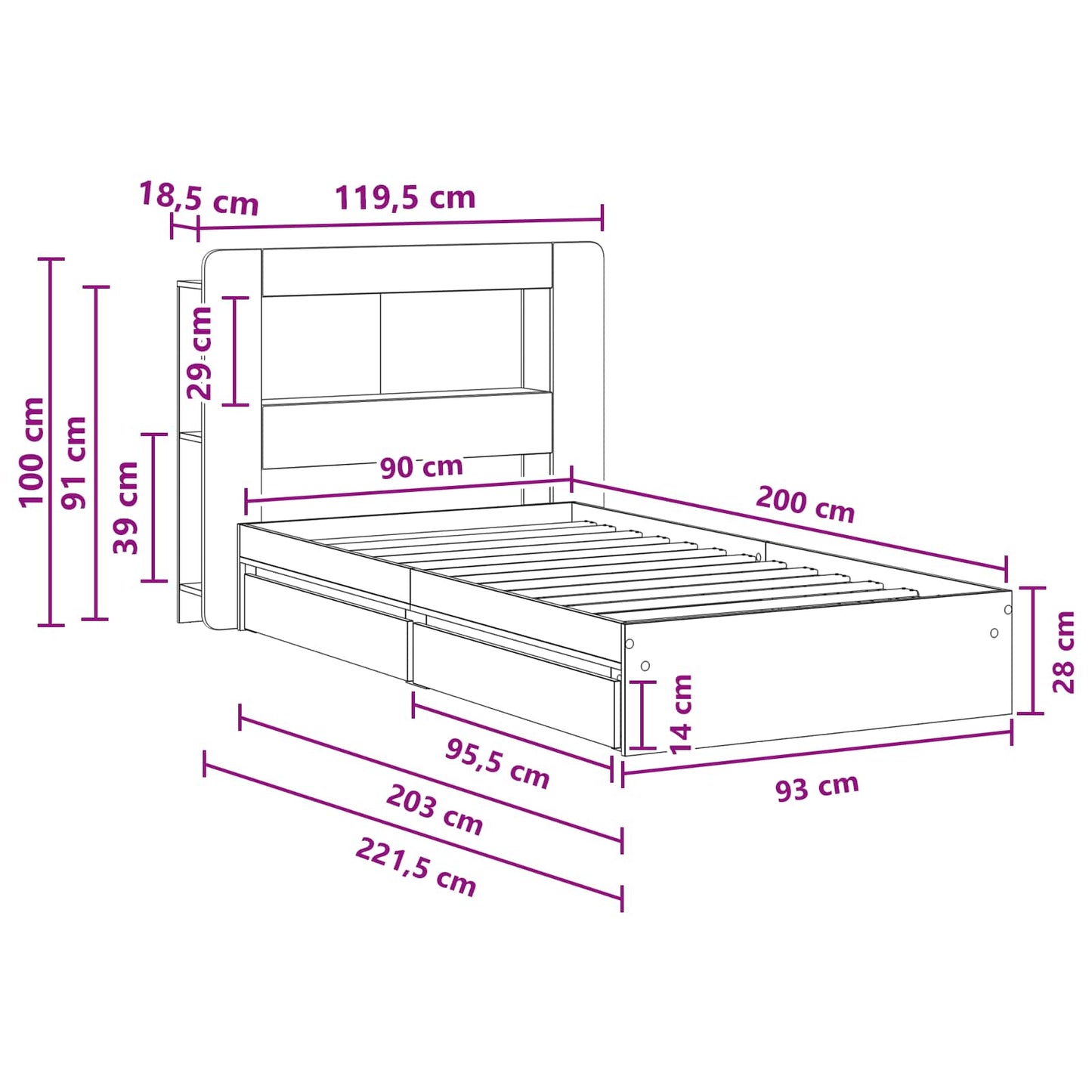 vidaXL Bed Frame with Storage Smoked Oak 90 x 200 cm Engineered Wood