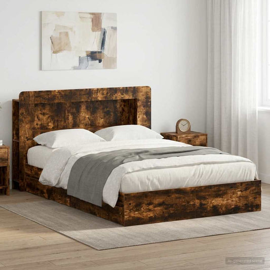 vidaXL Bed Frame with Storage Smoked Oak 135 x 190 cm Engineered Wood