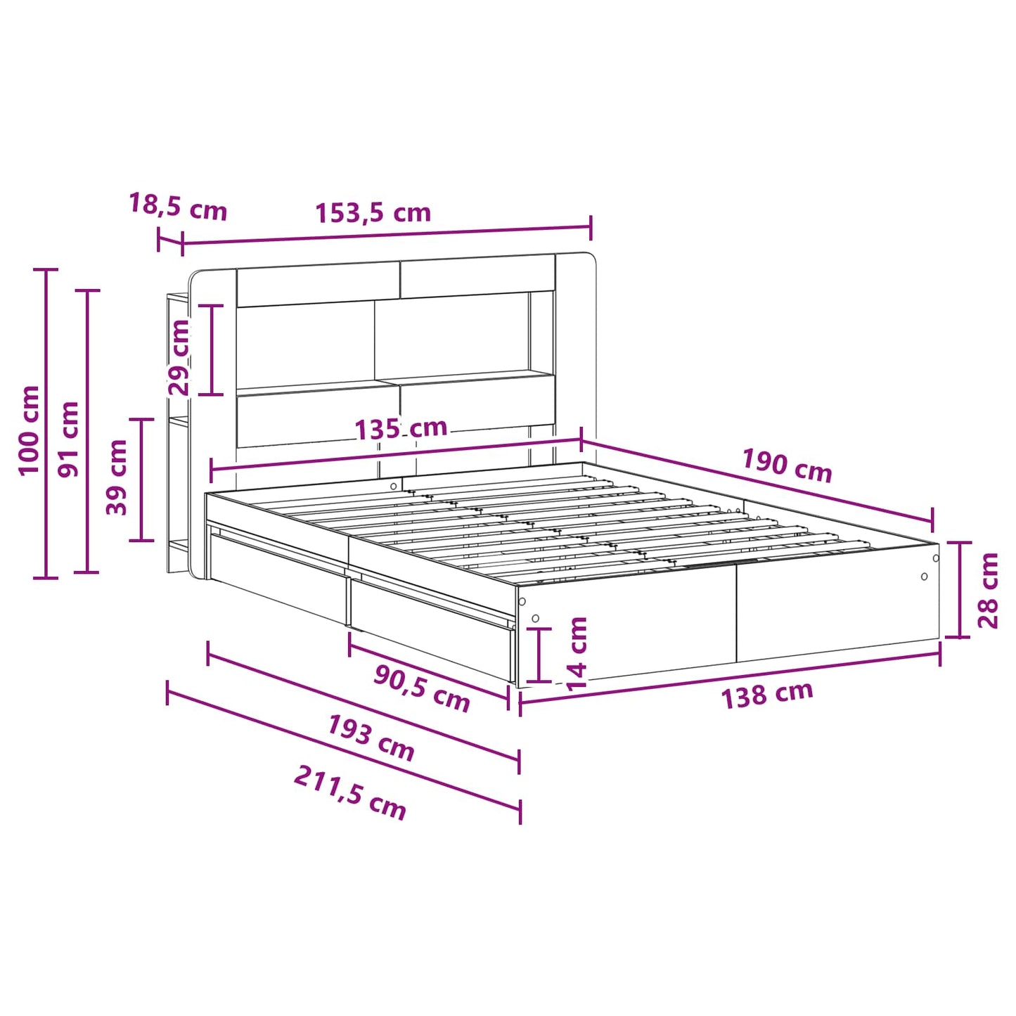 vidaXL Bed Frame with Storage Smoked Oak 135 x 190 cm Engineered Wood