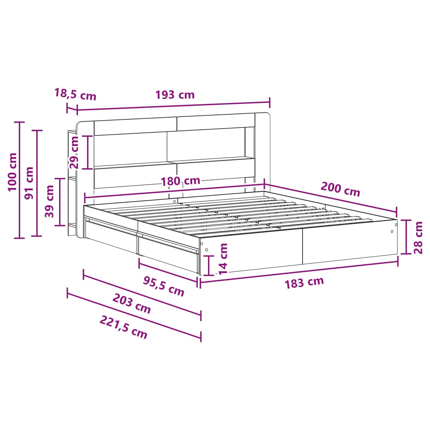 vidaXL Bed Frame with Storage Grey Sonoma 180 x 200 cm Engineered Wood