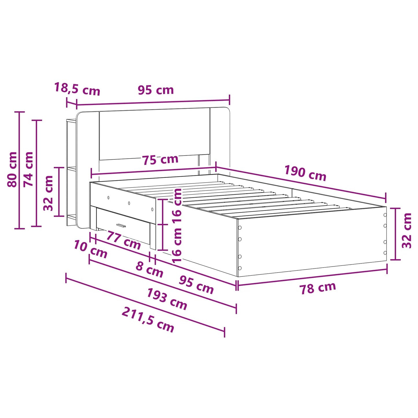 vidaXL Bed Frame with Storage Smoked Oak 75 x 190 cm Engineered Wood