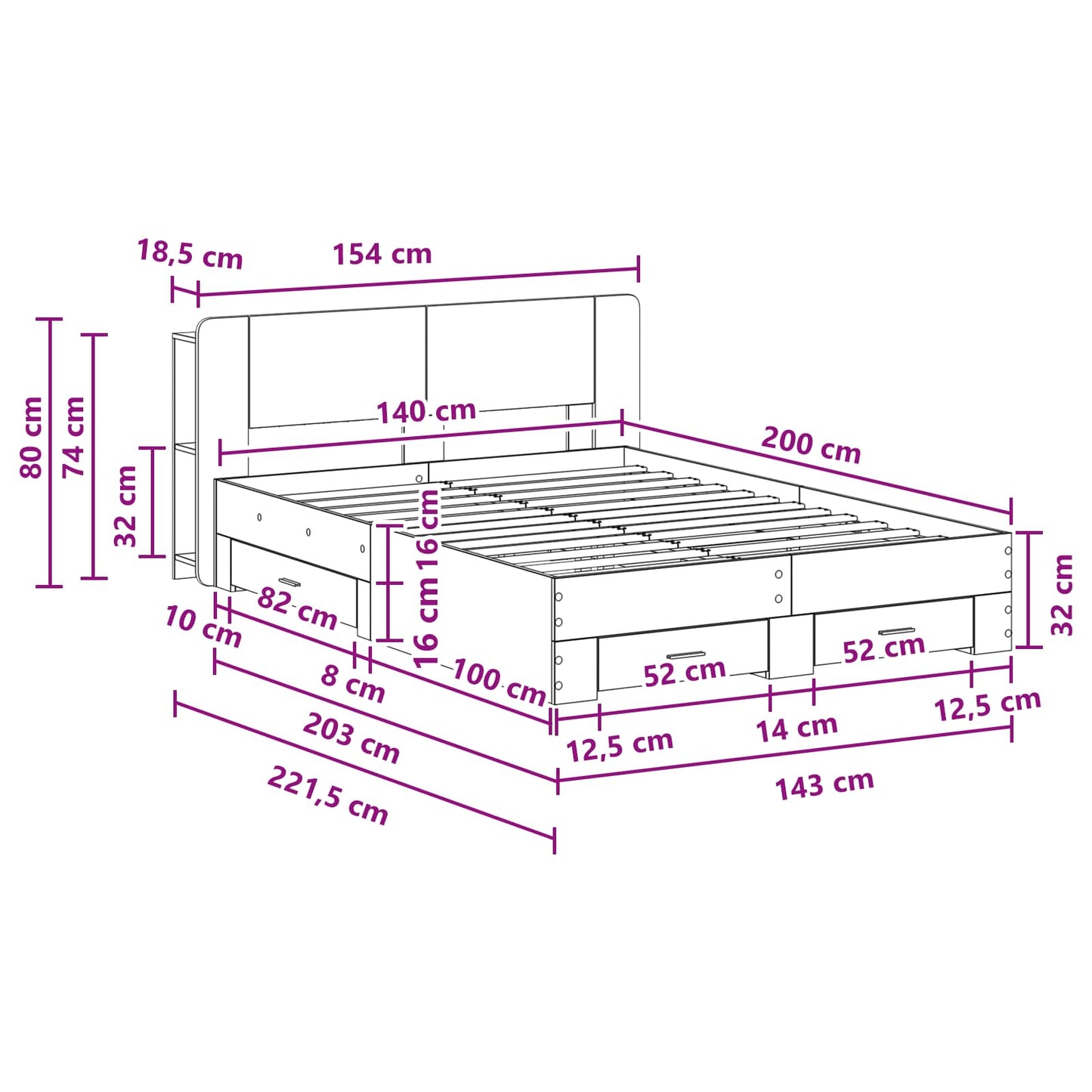 vidaXL Bed Frame with Storage Grey Sonoma 140 x 200 cm Engineered Wood