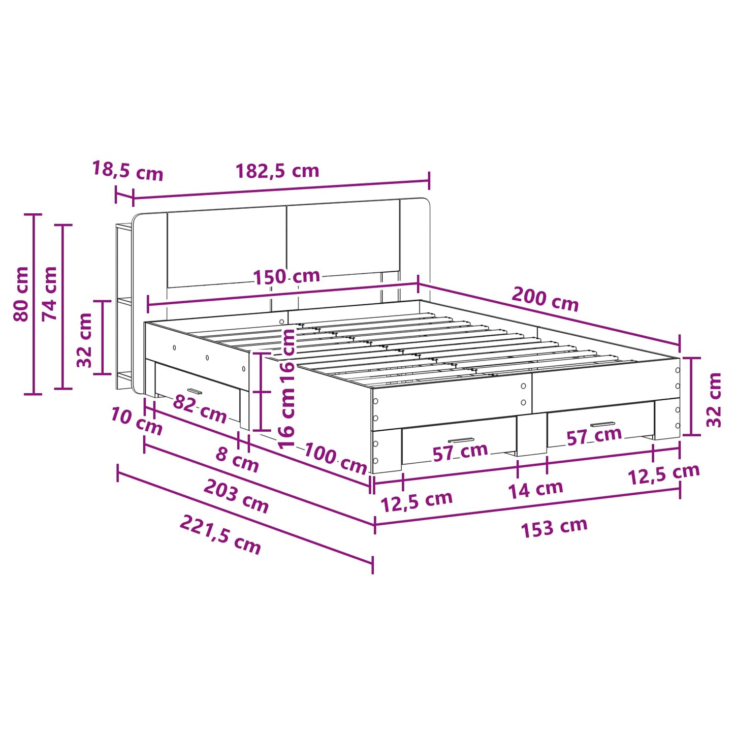 vidaXL Bed Frame with Storage Concrete Grey 150 x 200 cm