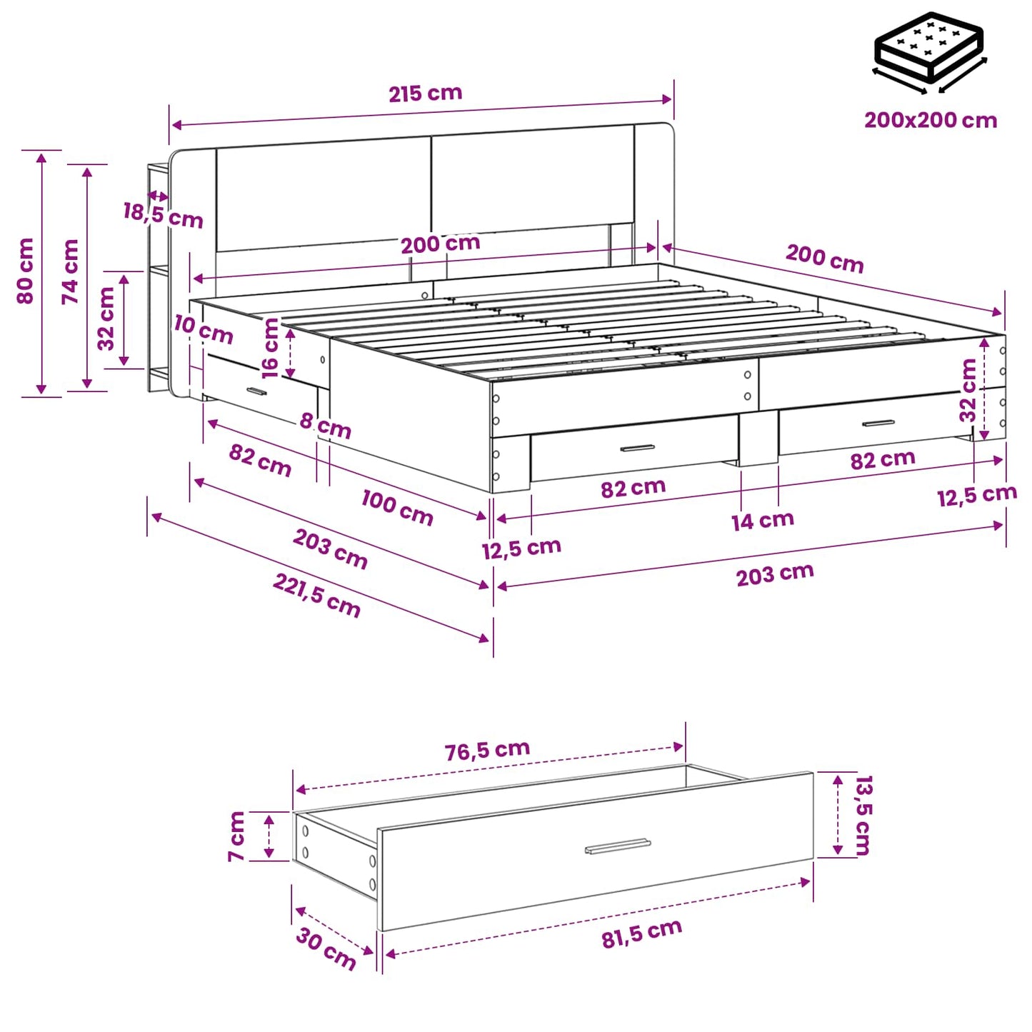 vidaXL Bed Frame with Storage Grey Sonoma 200 x 200 cm Engineered Wood