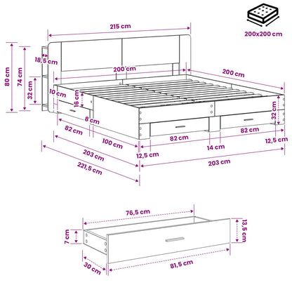 vidaXL Bed Frame with Storage Grey Sonoma 200 x 200 cm Engineered Wood