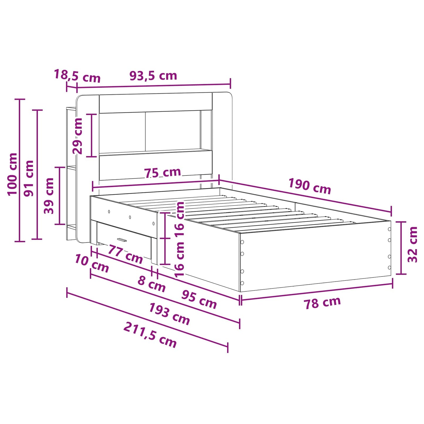 vidaXL Bed Frame with Storage Grey Sonoma 75 x 190 cm Engineered Wood