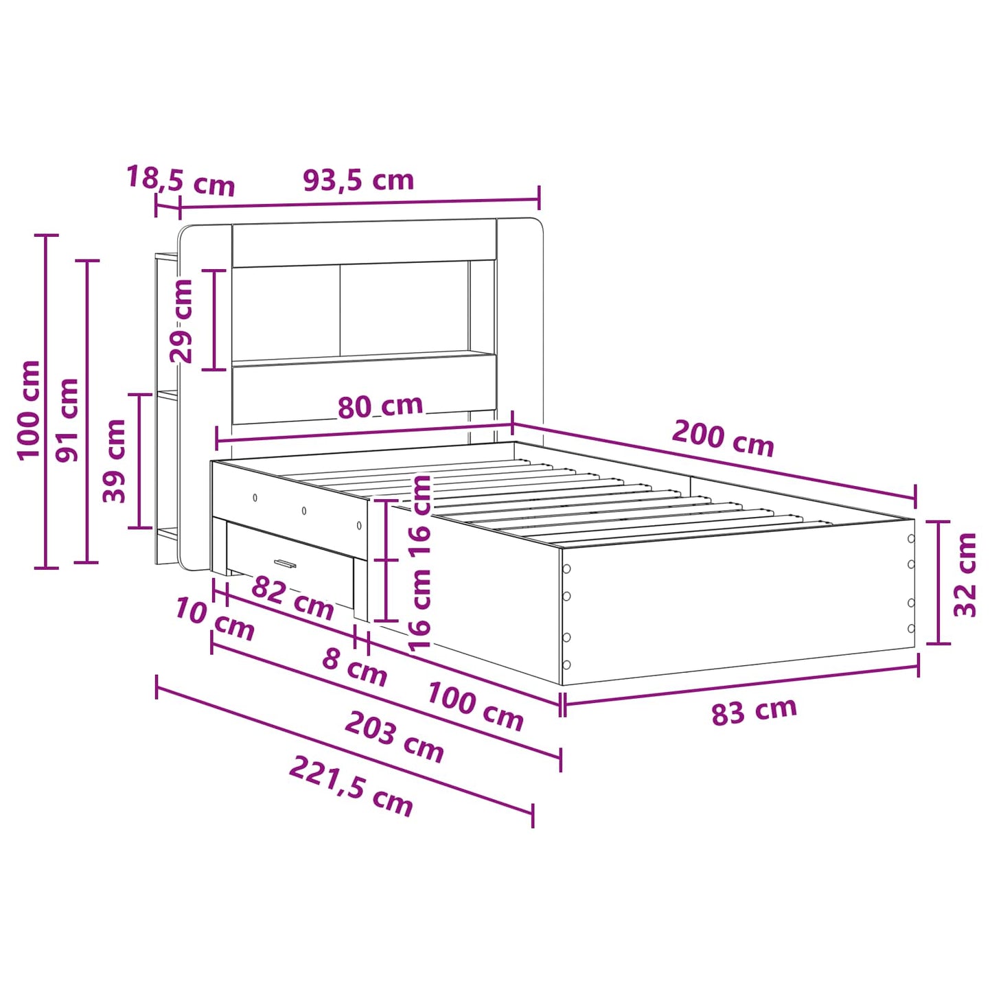 vidaXL Bed Frame with Storage Sonoma Oak 80 x 200 cm Engineered Wood