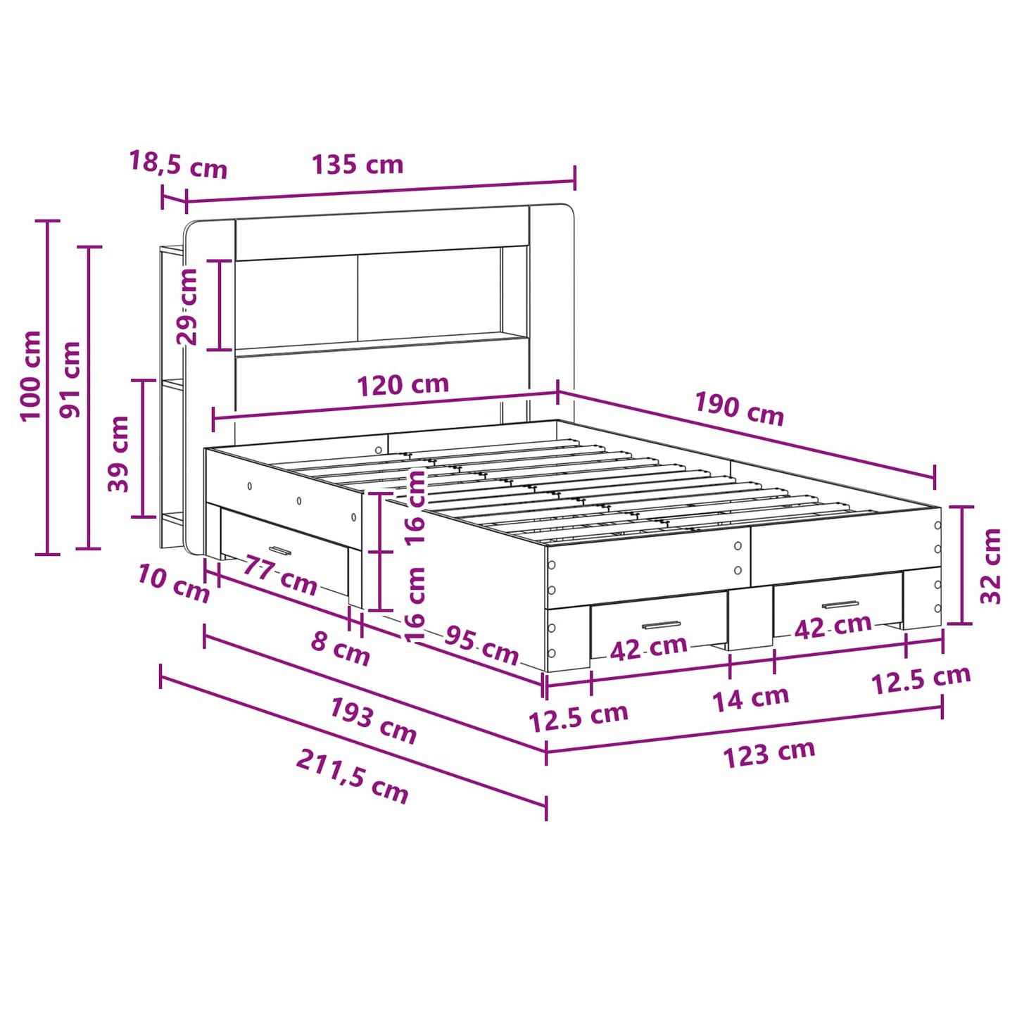 vidaXL Bed Frame with Storage Smoked Oak 120 x 190 cm Engineered Wood