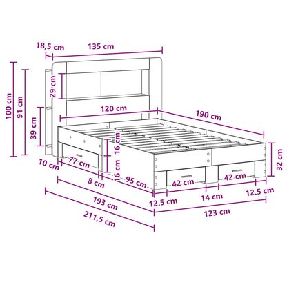 vidaXL Bed Frame with Storage Smoked Oak 120 x 190 cm Engineered Wood