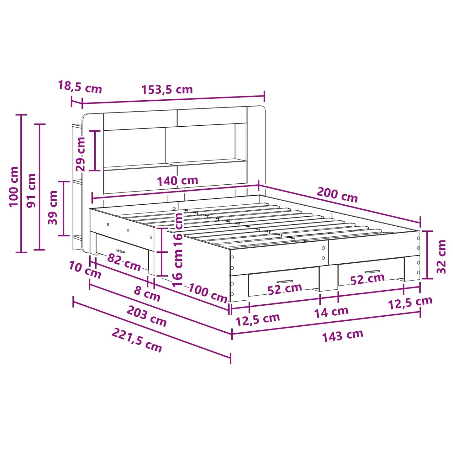 vidaXL Bed Frame with Storage Grey Sonoma 140 x 200 cm Engineered Wood
