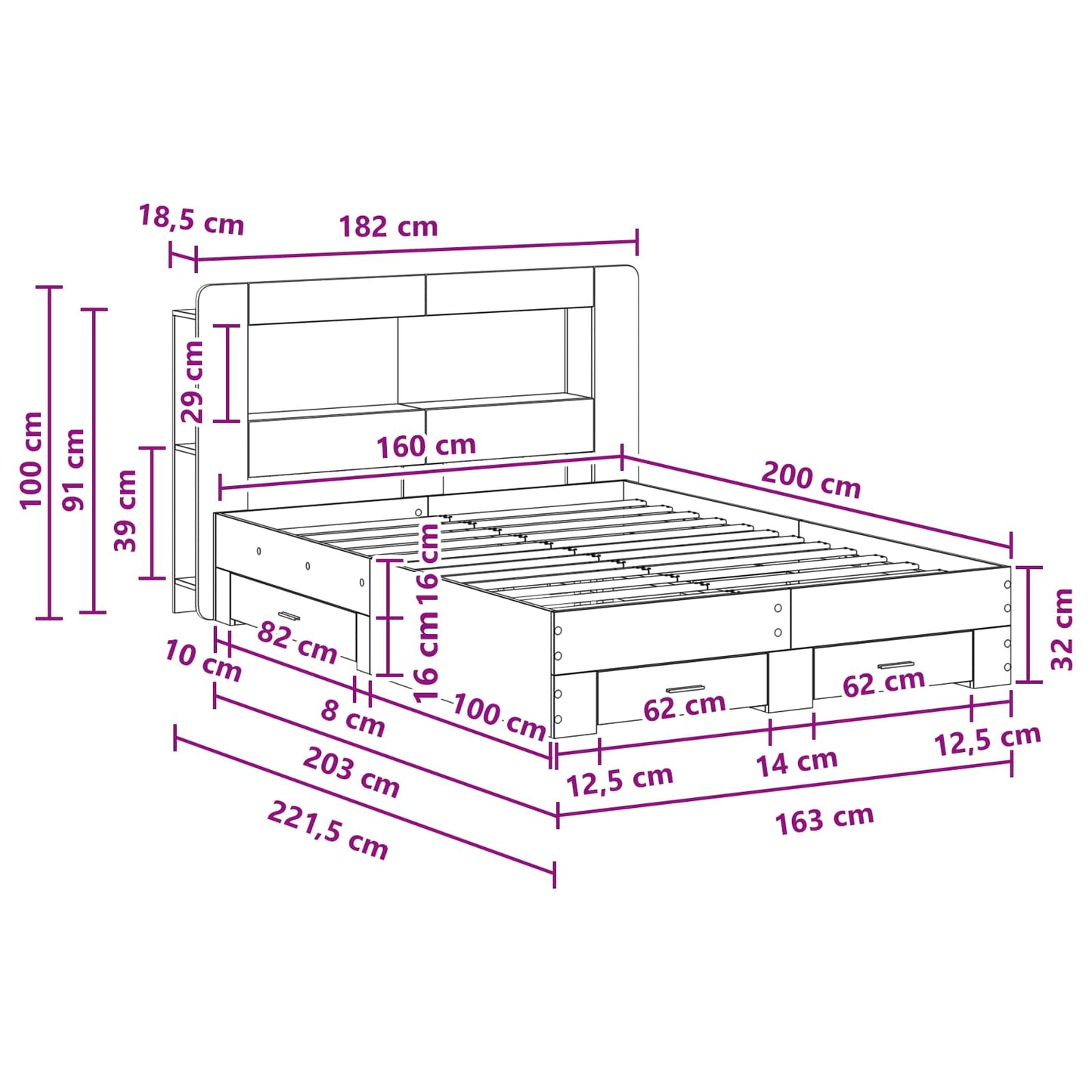 vidaXL Bed Frame with Storage Grey Sonoma 160 x 200 cm Engineered Wood