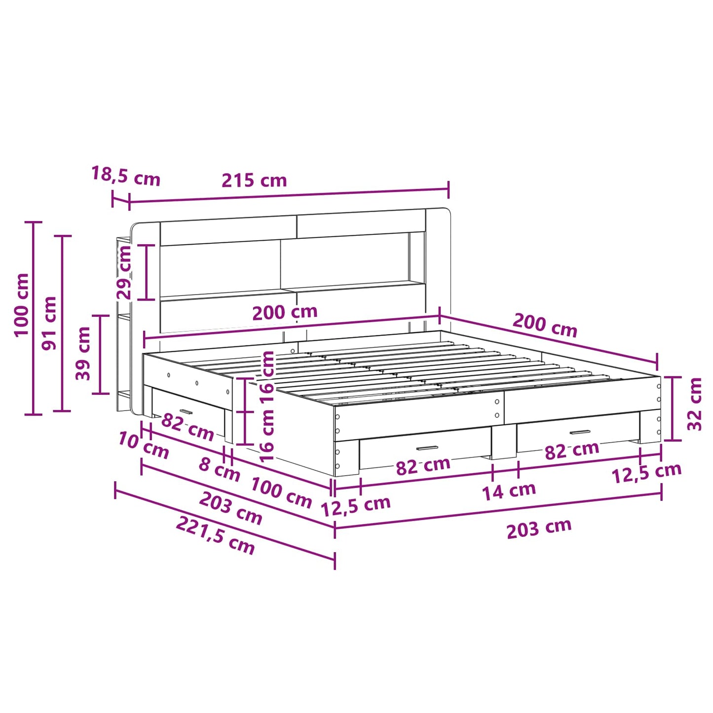 vidaXL Bed Frame with Storage Concrete Grey 200 x 200 cm