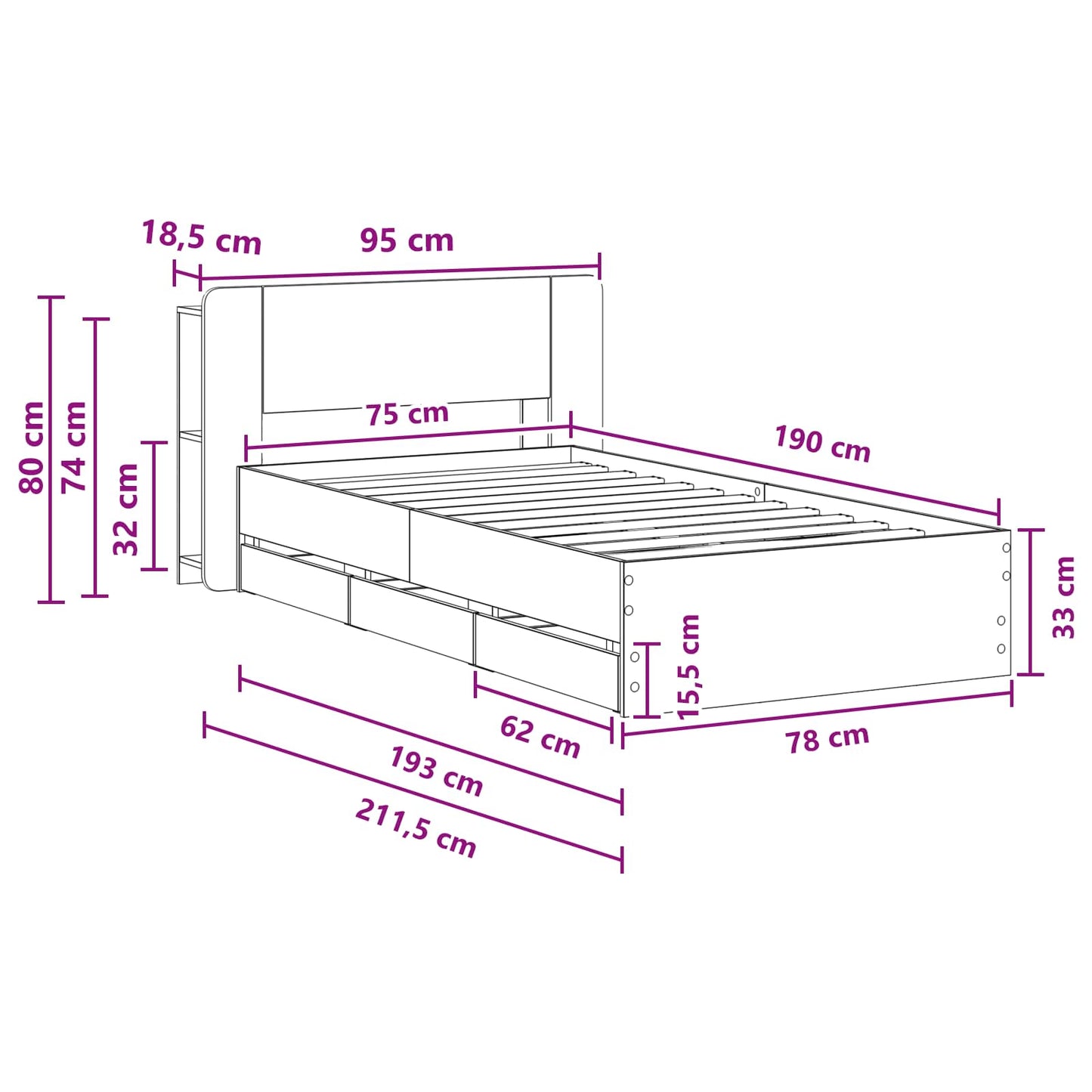 vidaXL Bed Frame with Storage with Headboard Concrete Grey 75 x 190 cm