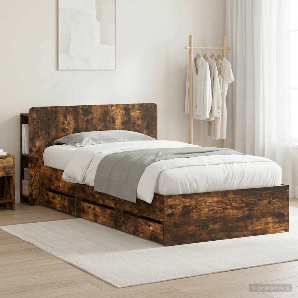 vidaXL Bed Frame with Storage Smoked Oak 90 x 190 cm Engineered Wood