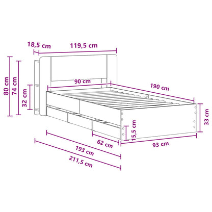 vidaXL Bed Frame with Storage Smoked Oak 90 x 190 cm Engineered Wood
