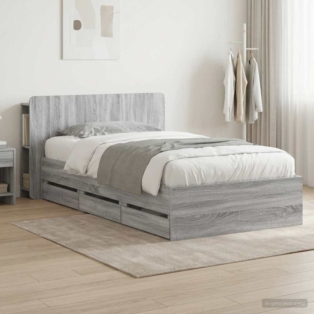 vidaXL Bed Frame with Storage Grey Sonoma 90 x 200 cm Engineered Wood