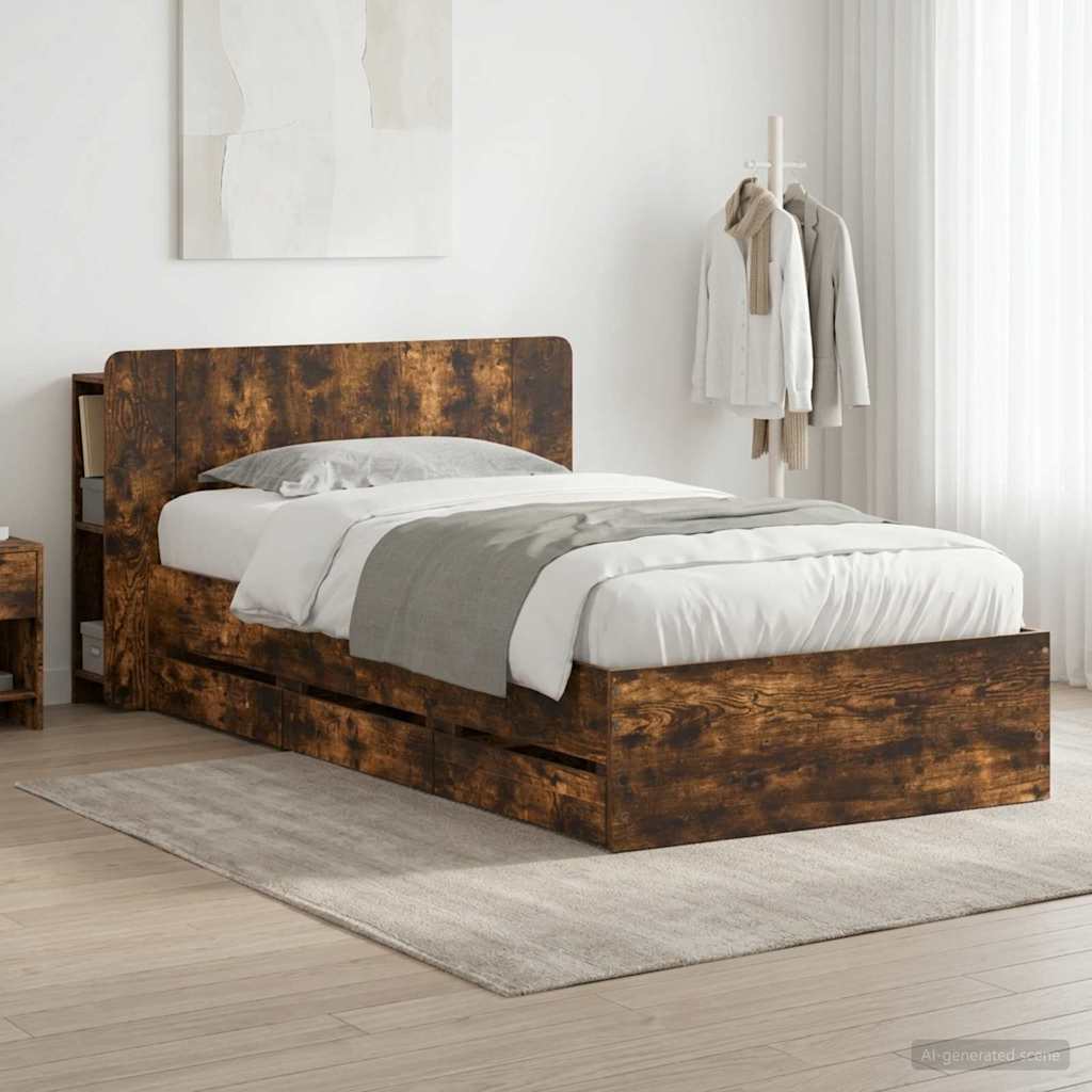 vidaXL Bed Frame with Storage Smoked Oak 90 x 200 cm Engineered Wood