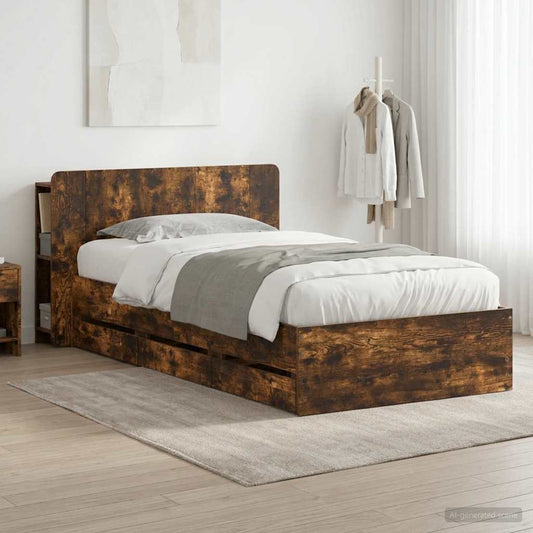 vidaXL Bed Frame with Storage Smoked Oak 90 x 200 cm Engineered Wood