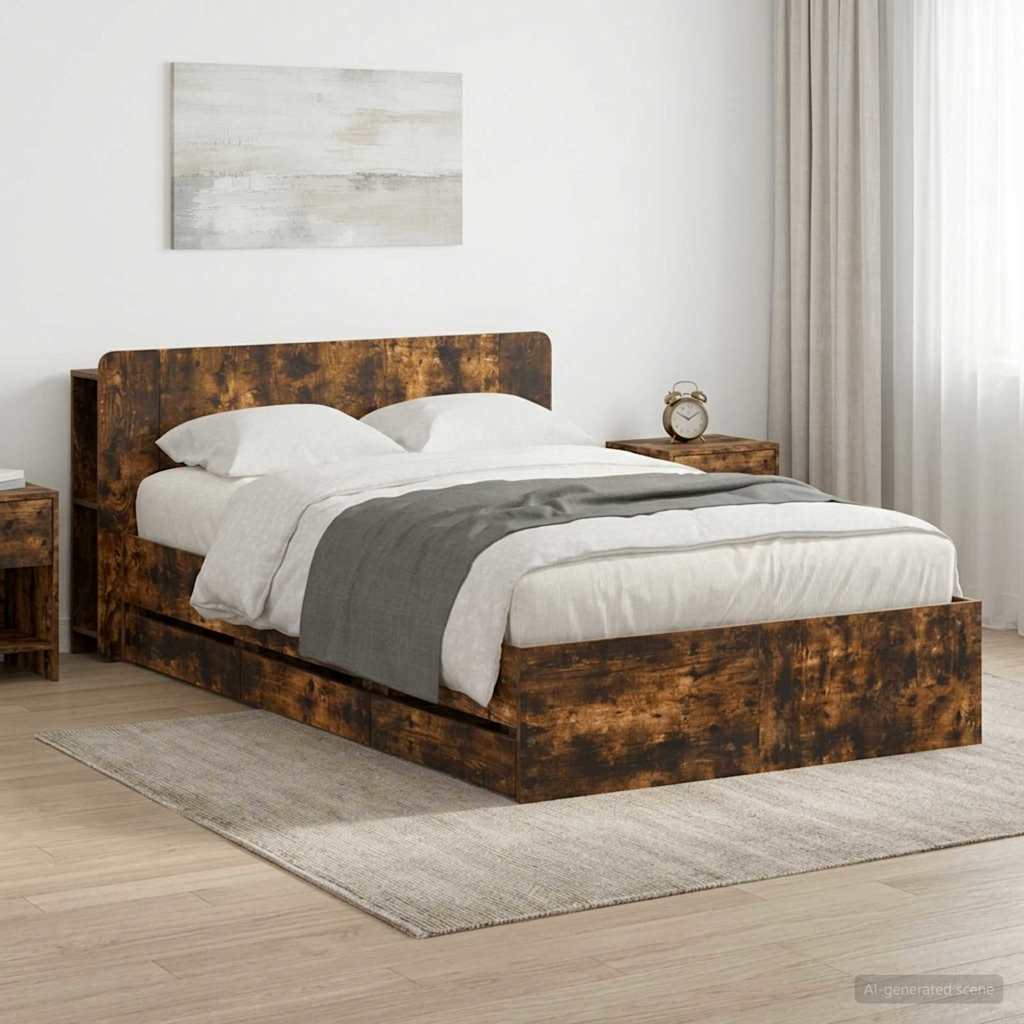 vidaXL Bed Frame with Storage Smoked Oak 120 x 190 cm Engineered Wood