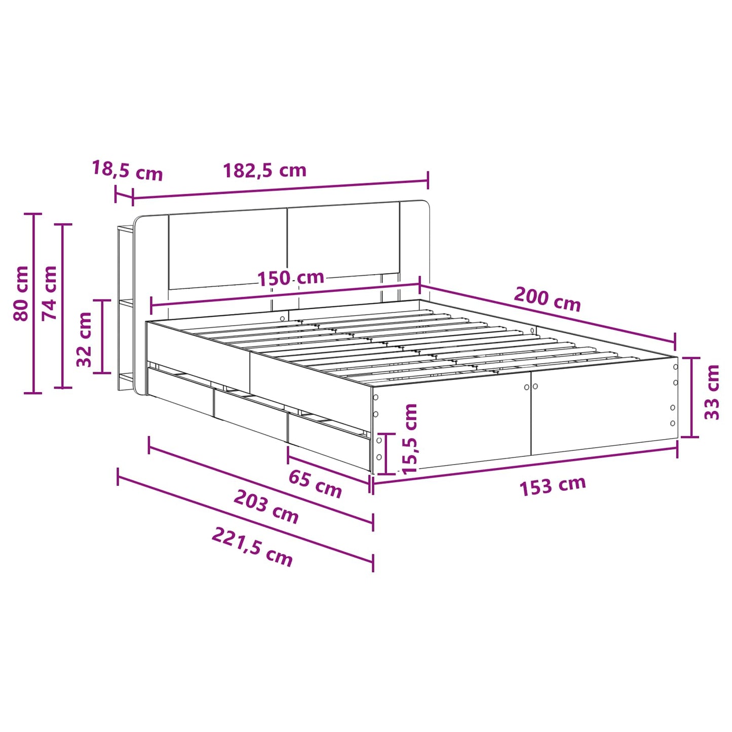 vidaXL Bed Frame with Storage and Headboard Black 150 x 200 cm