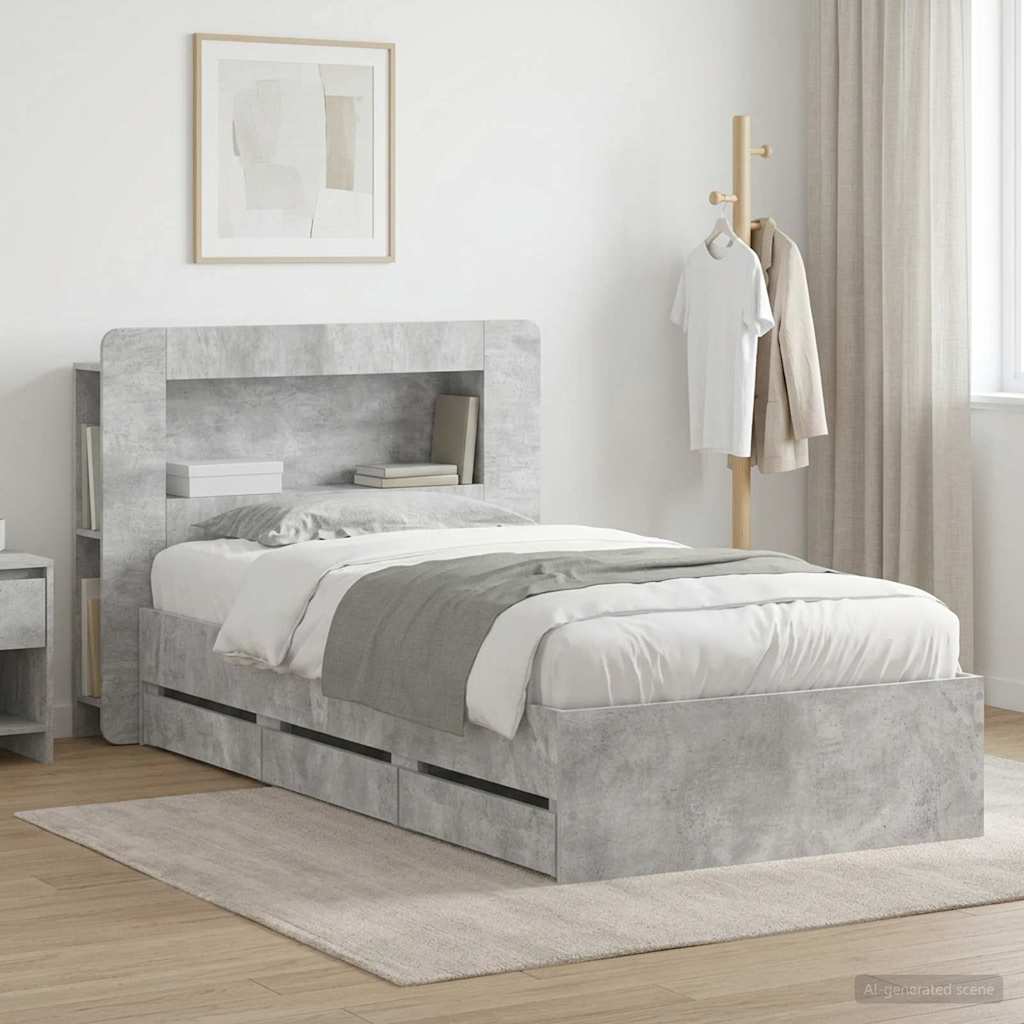 vidaXL Bed Frame with Storage with Headboard Concrete Grey 75 x 190 cm