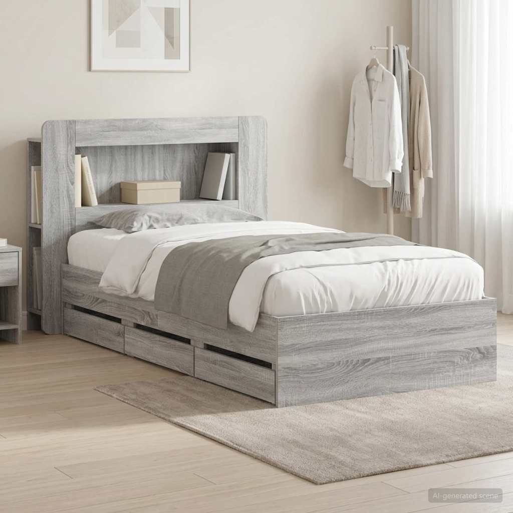 vidaXL Bed Frame with Storage Grey Sonoma 75 x 190 cm Engineered Wood