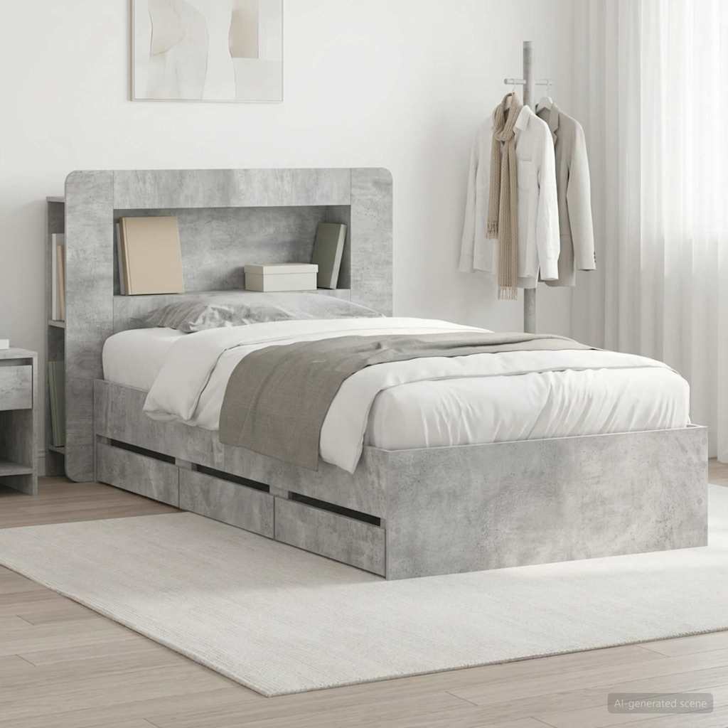 vidaXL Bed Frame with Storage with Headboard Concrete Grey 90 x 190 cm