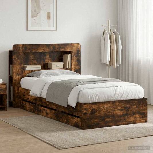 vidaXL Bed Frame with Storage Smoked Oak 90 x 190 cm Engineered Wood