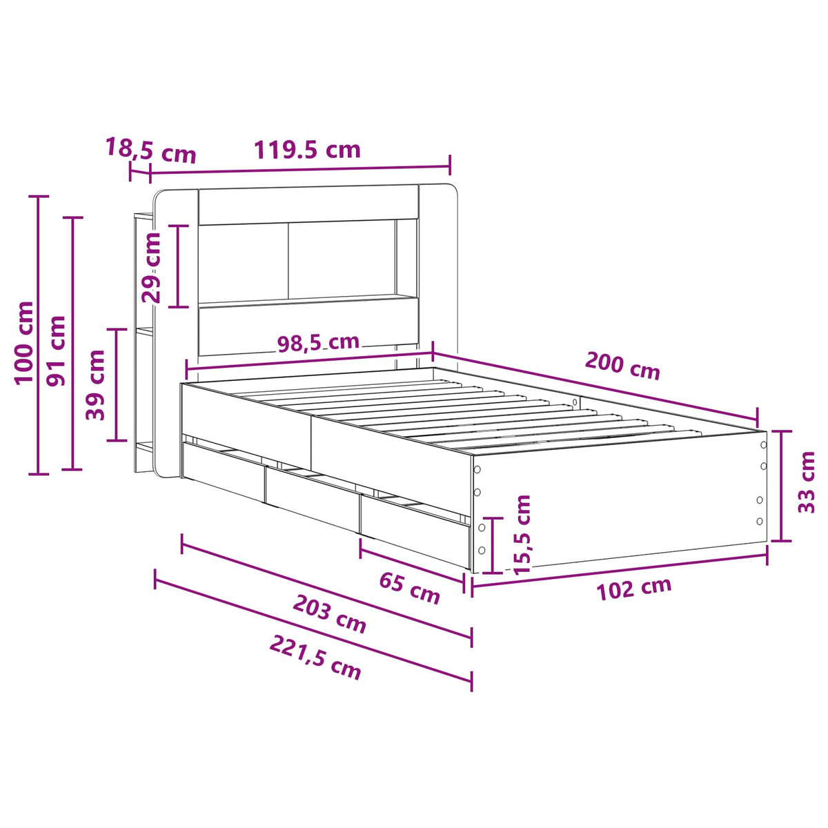 vidaXL Bed Frame with Storage and Headboard Smoked Oak 100 x 200 cm