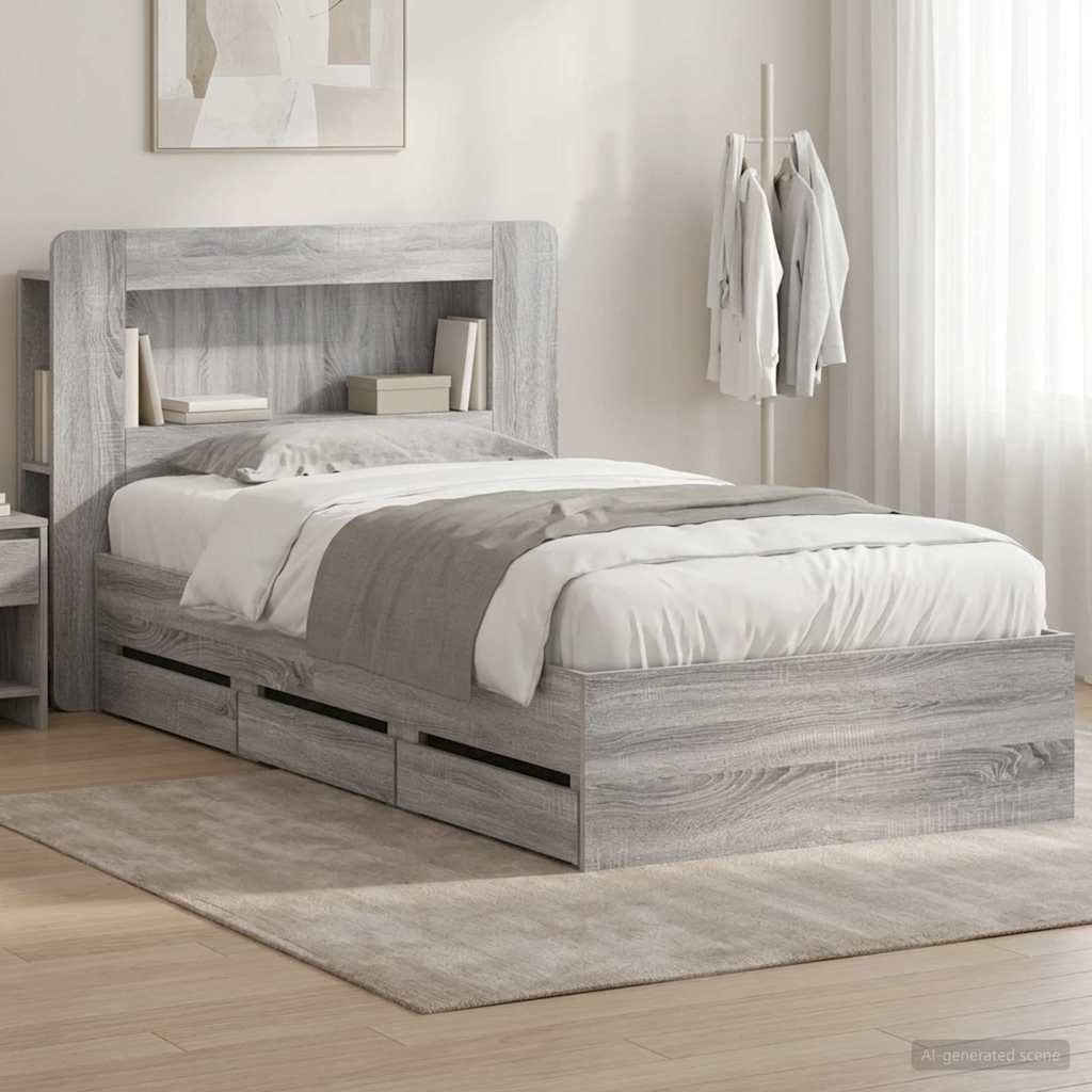 vidaXL Bed Frame with Storage Grey Sonoma 90 x 200 cm Engineered Wood