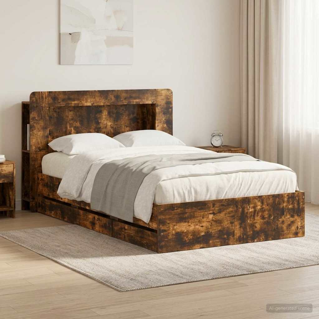 vidaXL Bed Frame with Storage Smoked Oak 120 x 190 cm Engineered Wood