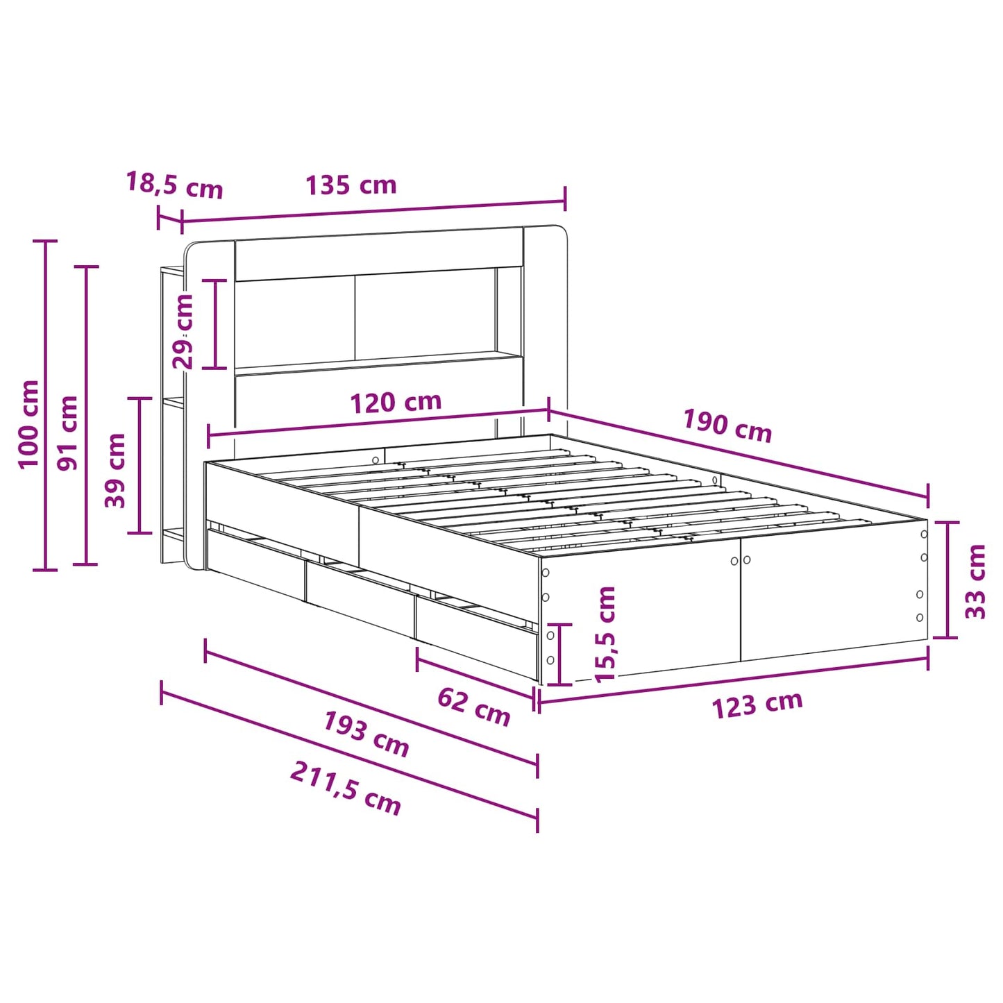 vidaXL Bed Frame with Storage Smoked Oak 120 x 190 cm Engineered Wood