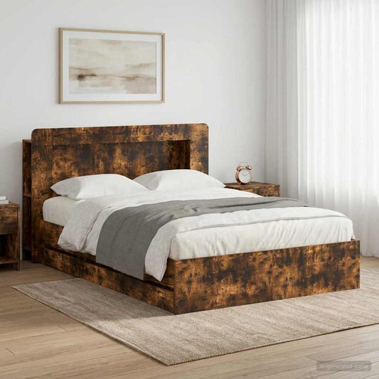 vidaXL Bed Frame with Storage Smoked Oak 135 x 190 cm Engineered Wood