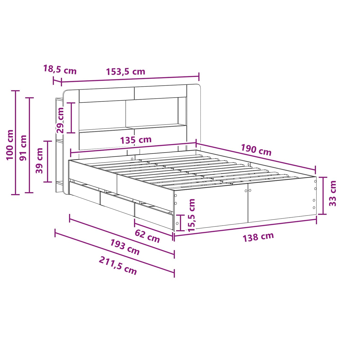 vidaXL Bed Frame with Storage Smoked Oak 135 x 190 cm Engineered Wood