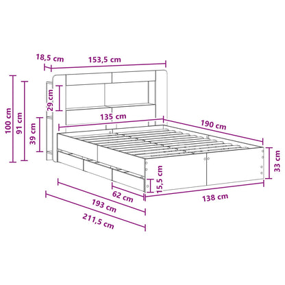 vidaXL Bed Frame with Storage Smoked Oak 135 x 190 cm Engineered Wood
