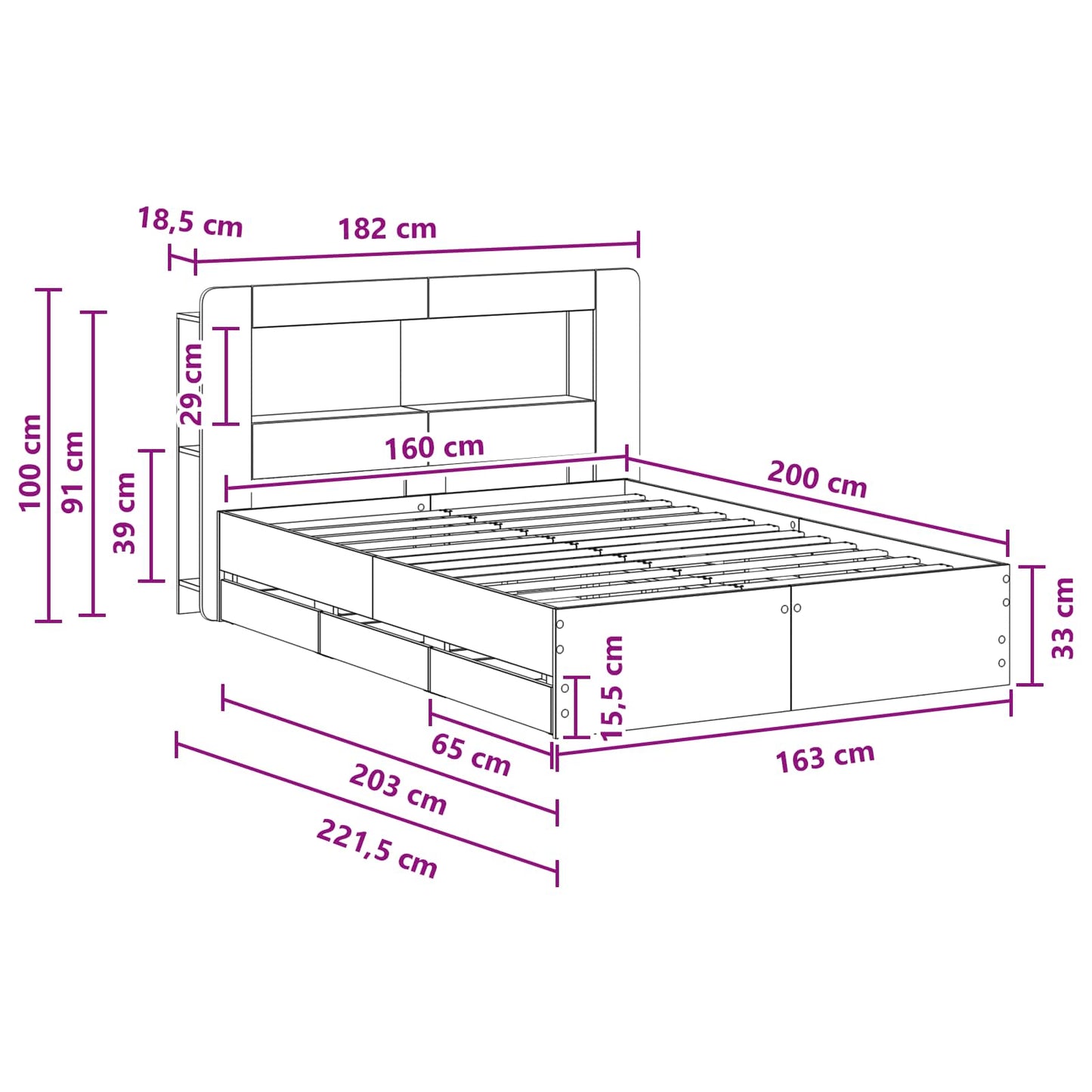 vidaXL Bed Frame with Storage Black 160 x 200 cm Engineered Wood