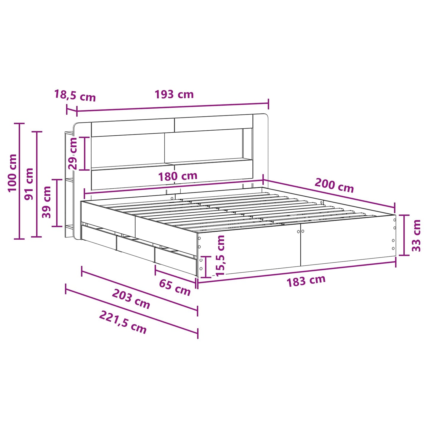 vidaXL Bed Frame with Storage Black 180 x 200 cm Engineered Wood