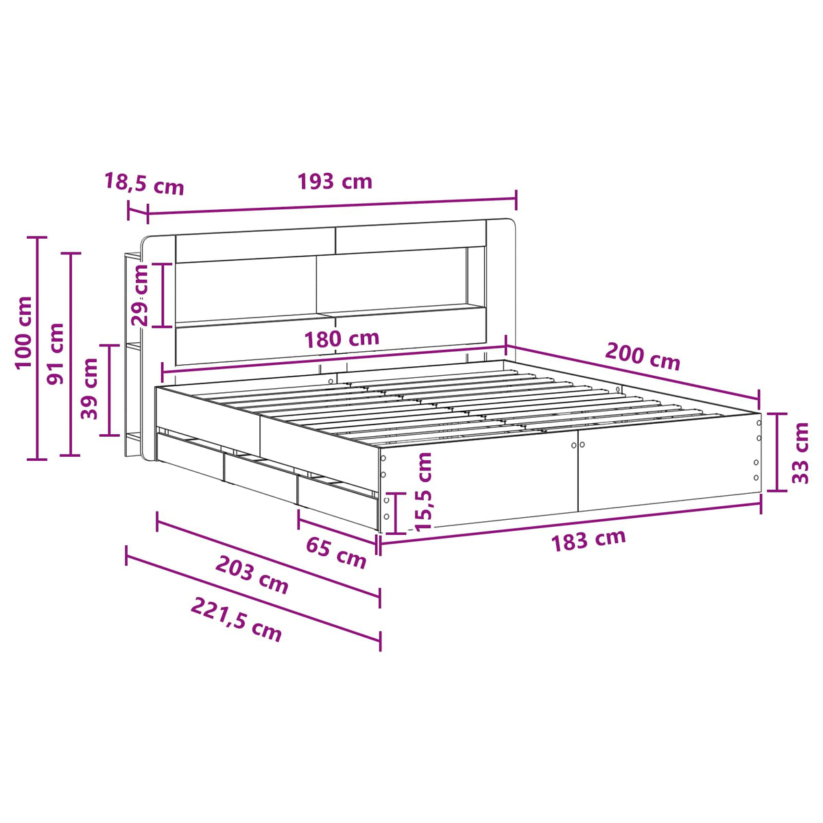 vidaXL Bed Frame with Storage and Headboard Grey Sonoma 180 x 200 cm