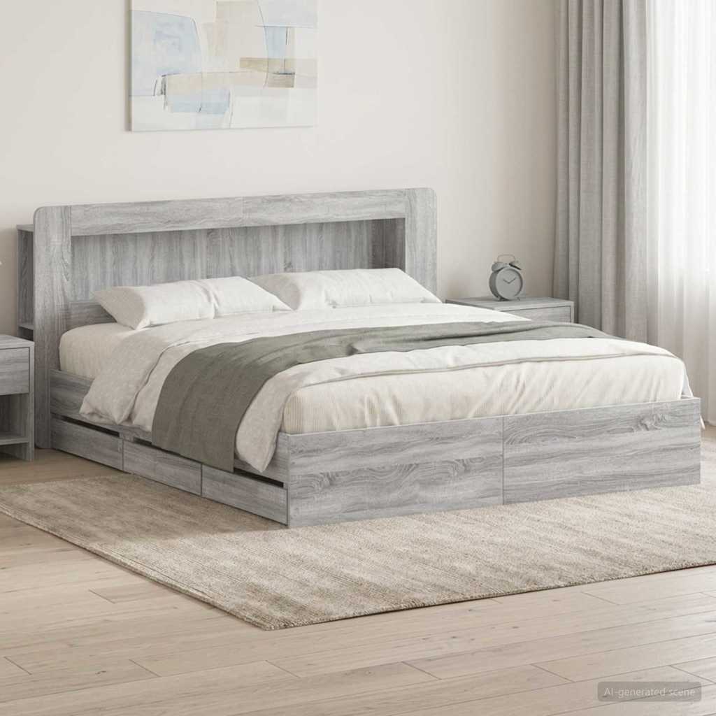 vidaXL Bed Frame with Storage Grey Sonoma 200 x 200 cm Engineered Wood