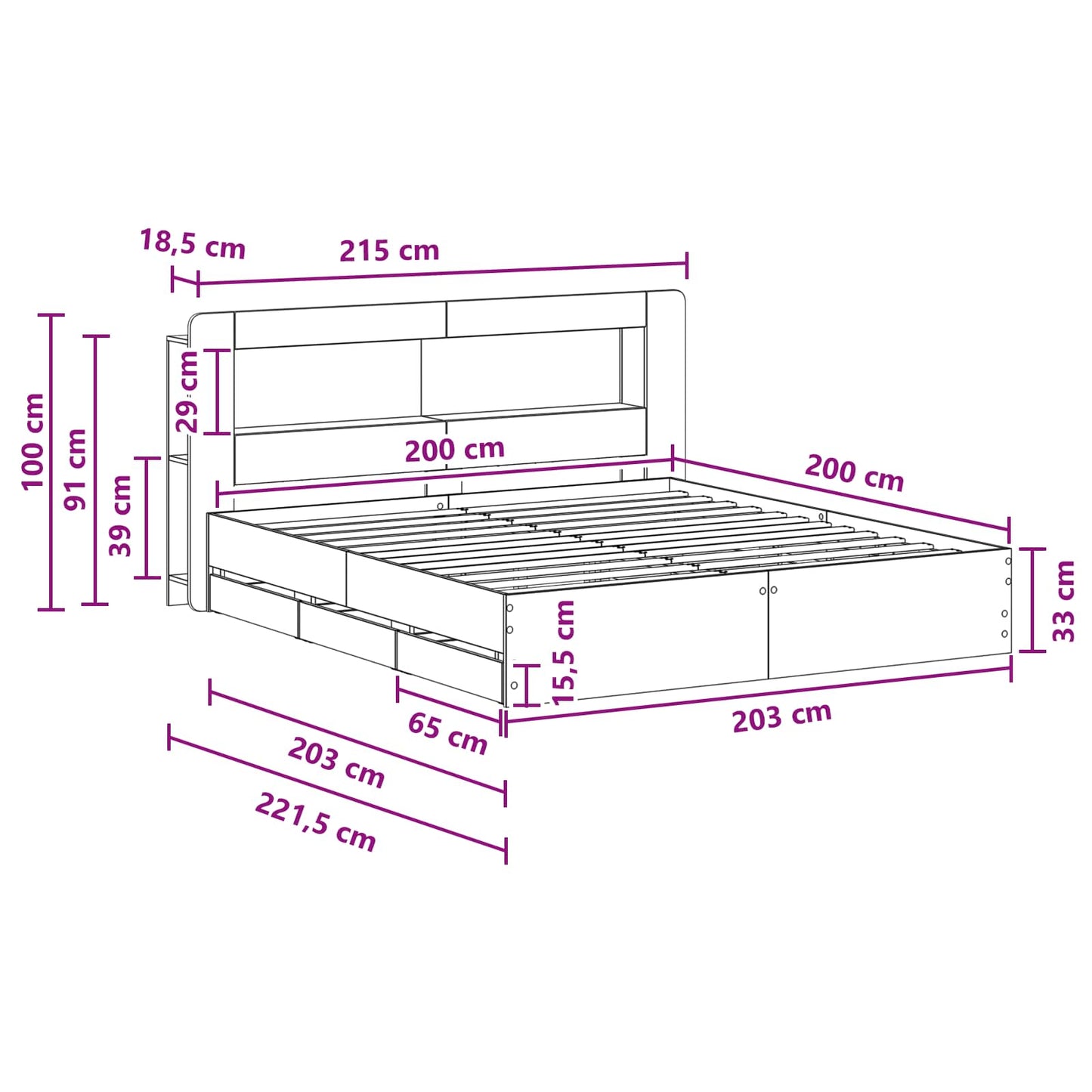 vidaXL Bed Frame with Storage and Headboard Grey Sonoma 200 x 200 cm